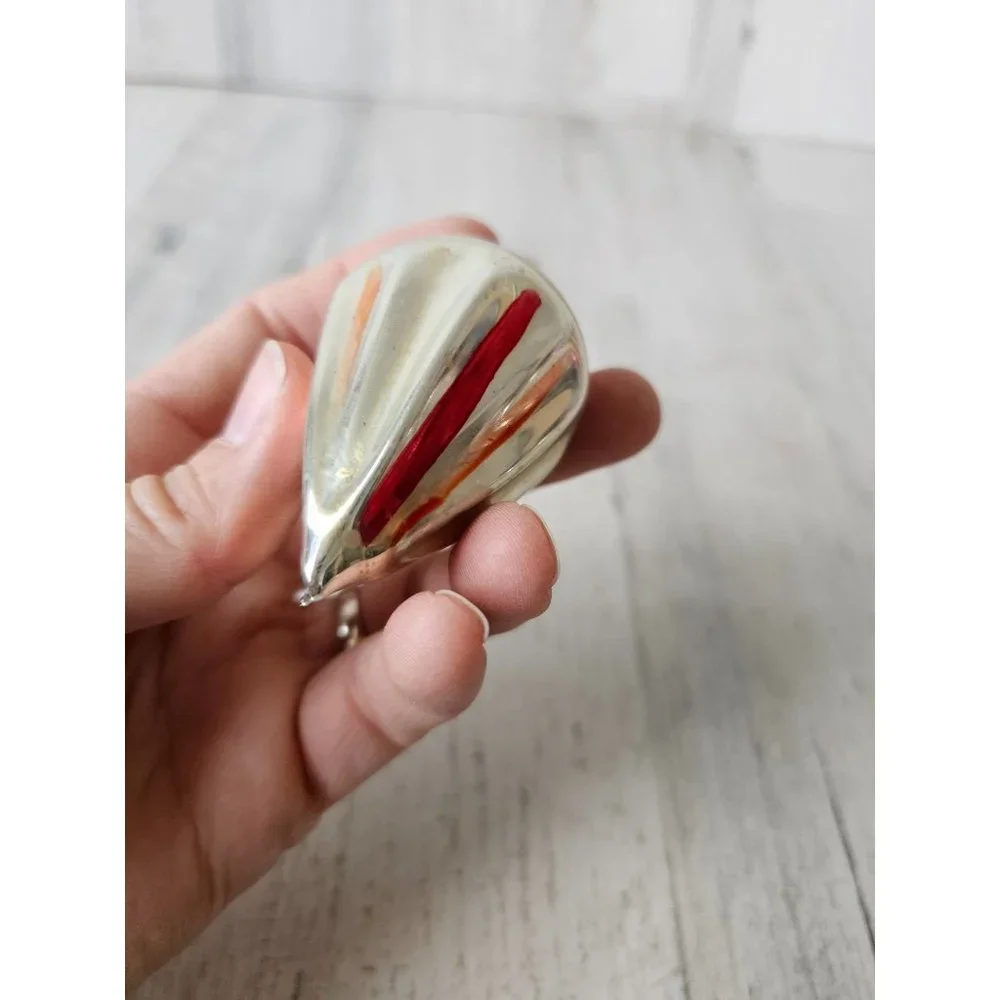 Antique torpedo topper‎ red striped glass ornament silver Xmas tree